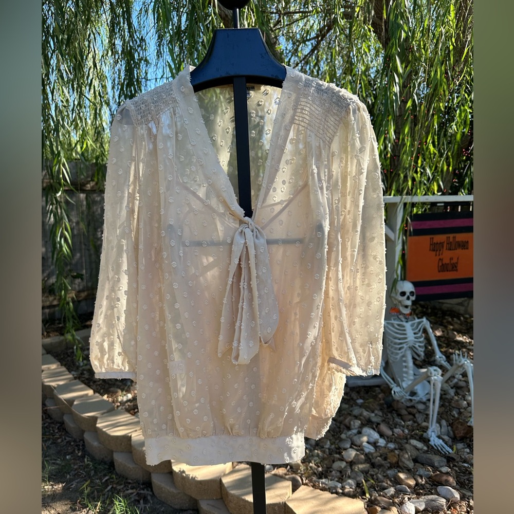 Daniel Rainn Sheer Dot Smocked Blouse- Large